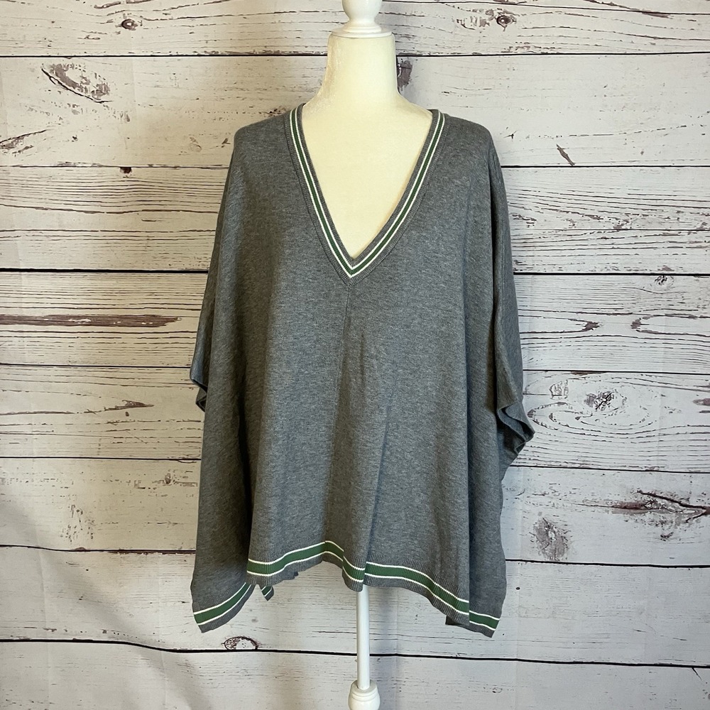 House Of Harlow Poncho Womens One Size Gray V Neck Green Stripe Sweater Academia
